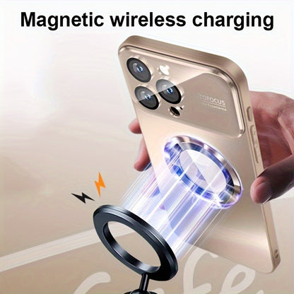 Desert Titanium Matte Magnetic Wireless Charging Case - Shockproof, Soft Bumper Cover with Glass Lens Protector, Compatible with iPhone 16, 15, 14, 13, 12, 11 Pro Max. - Hiccupzz