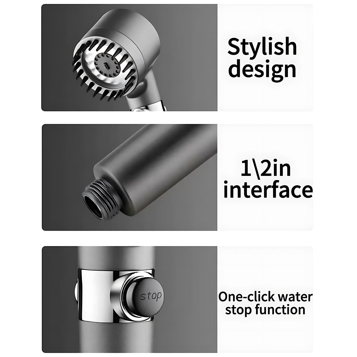 13-piece pressurized shower head, three-speed adjustable bathroom shower massage, one-touch water-stop shower head filter, stainless steel panel