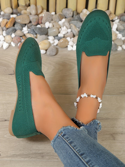 Women's Black Slip-On Flats - Breathable Knitted Round Toe Non-Slip Casual Lightweight Walking Shoes - Hiccupzz