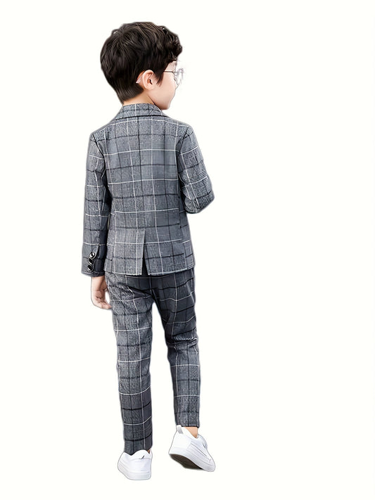 2pcs Boy's Tartan Pattern Gentleman Outfit, Suit Jacket & Pants Set, Formal Wear for Speech Performance Birthday Party, Kid's Clothes