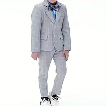 3-Pcs Boys Formal Plaid Gentleman Outfits, Long Sleeve Blazer, Bowtie, Pants Set - Hiccupzz