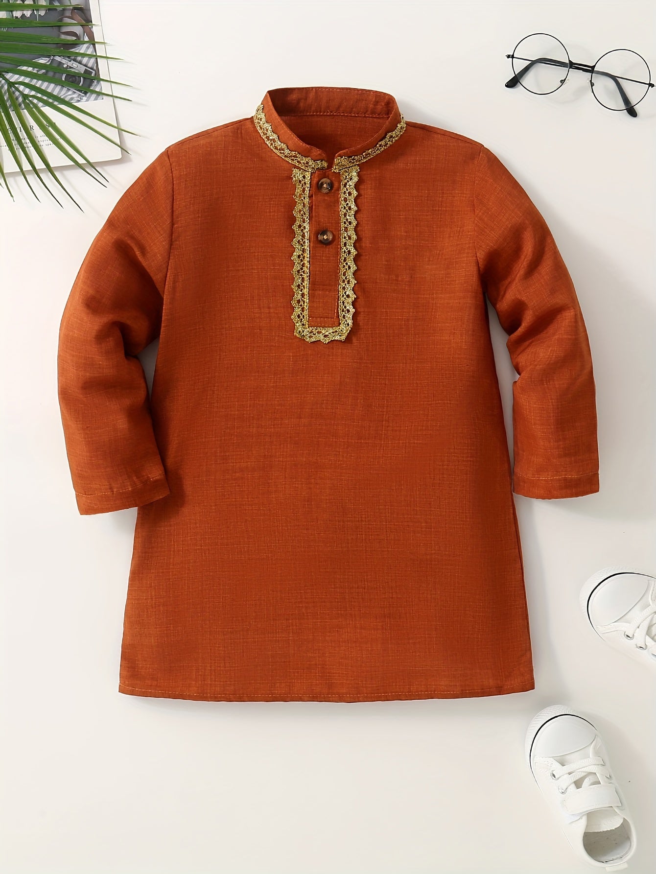 1pc Boys Ethnic Style Long Sleeve Shirt, Button Detail, Casual