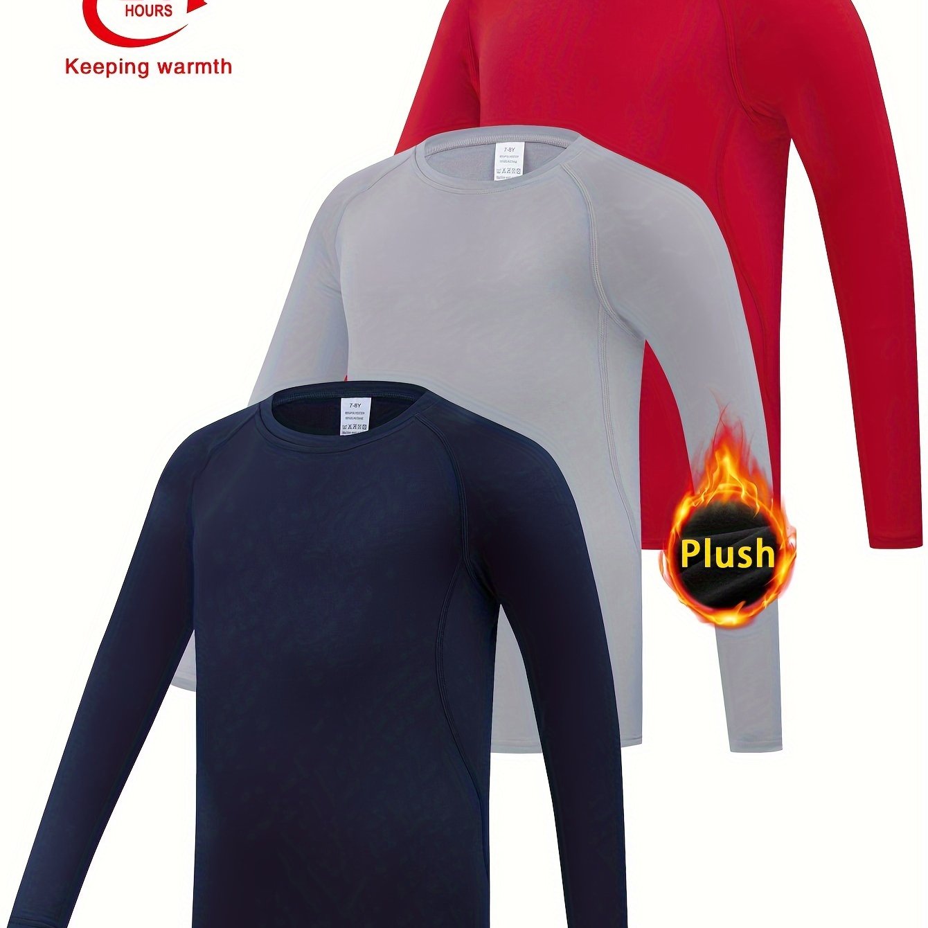 3-Pcs Youth Fleece-Lined Thermal Underwear Tops - Compression, Long Sleeve, Solid Color