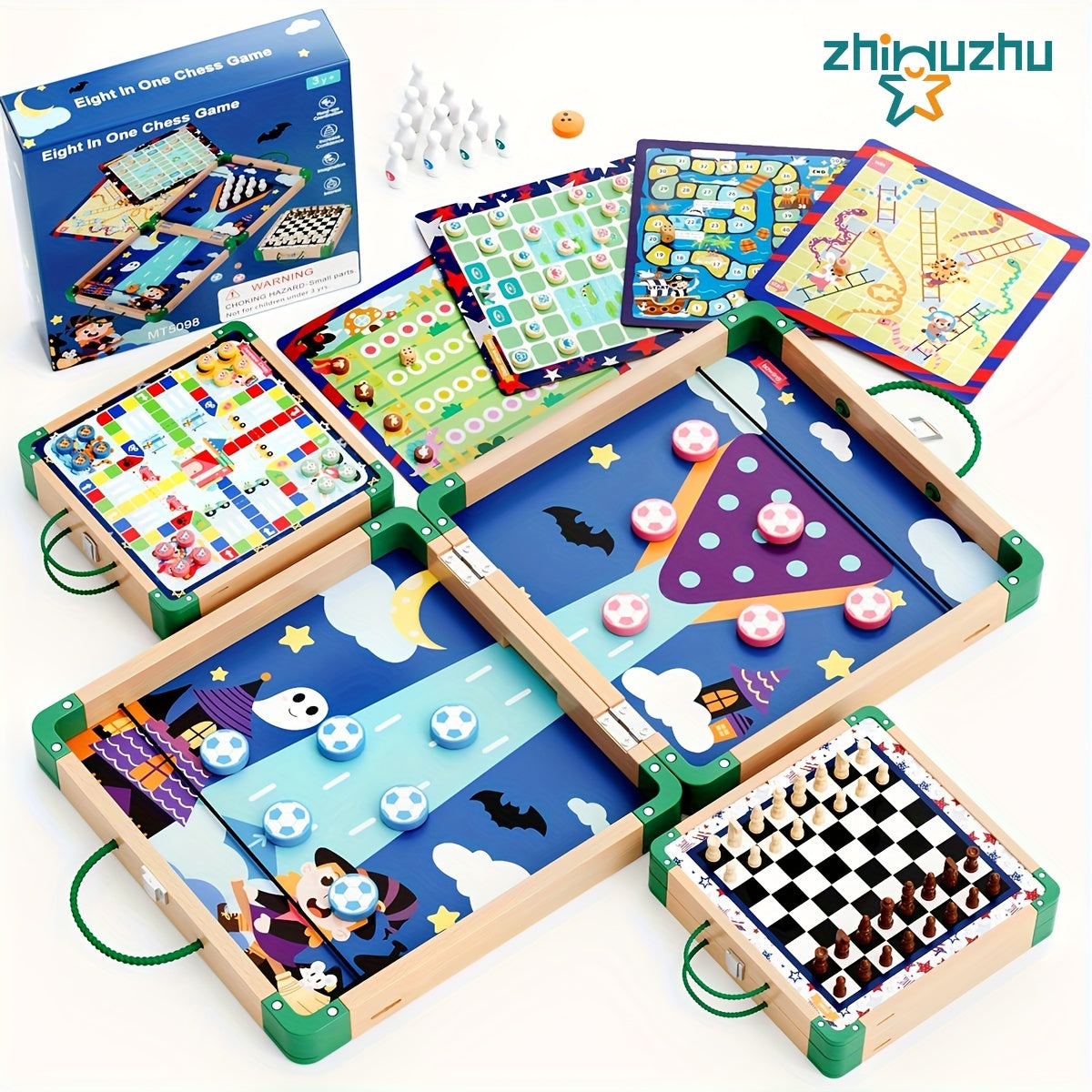 8-in-1 Wooden Board Game Set - Includes Chess, Sling Puck, and More