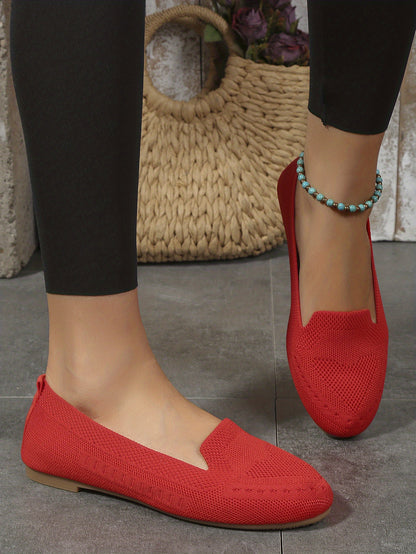 Women's Black Slip-On Flats - Breathable Knitted Round Toe Non-Slip Casual Lightweight Walking Shoes - Hiccupzz