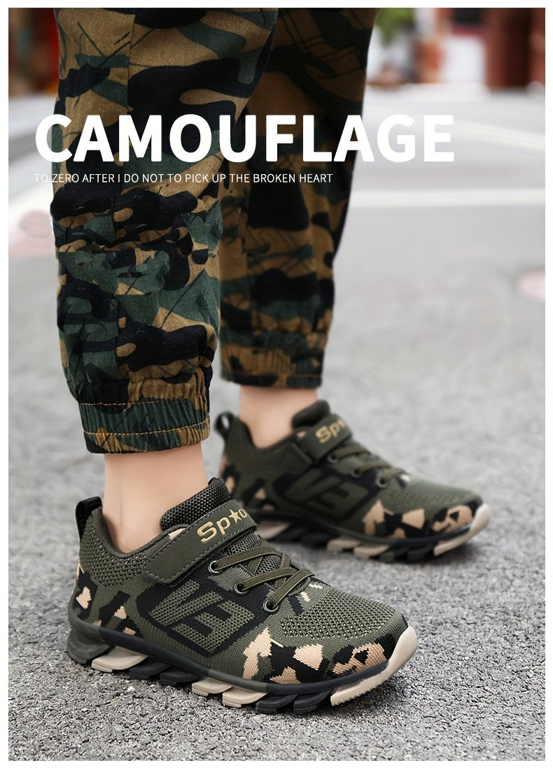 Boy's Trendy Camouflage Mesh Breathable Sneakers, Comfy Non-Slip Soft Sole Running Shoes