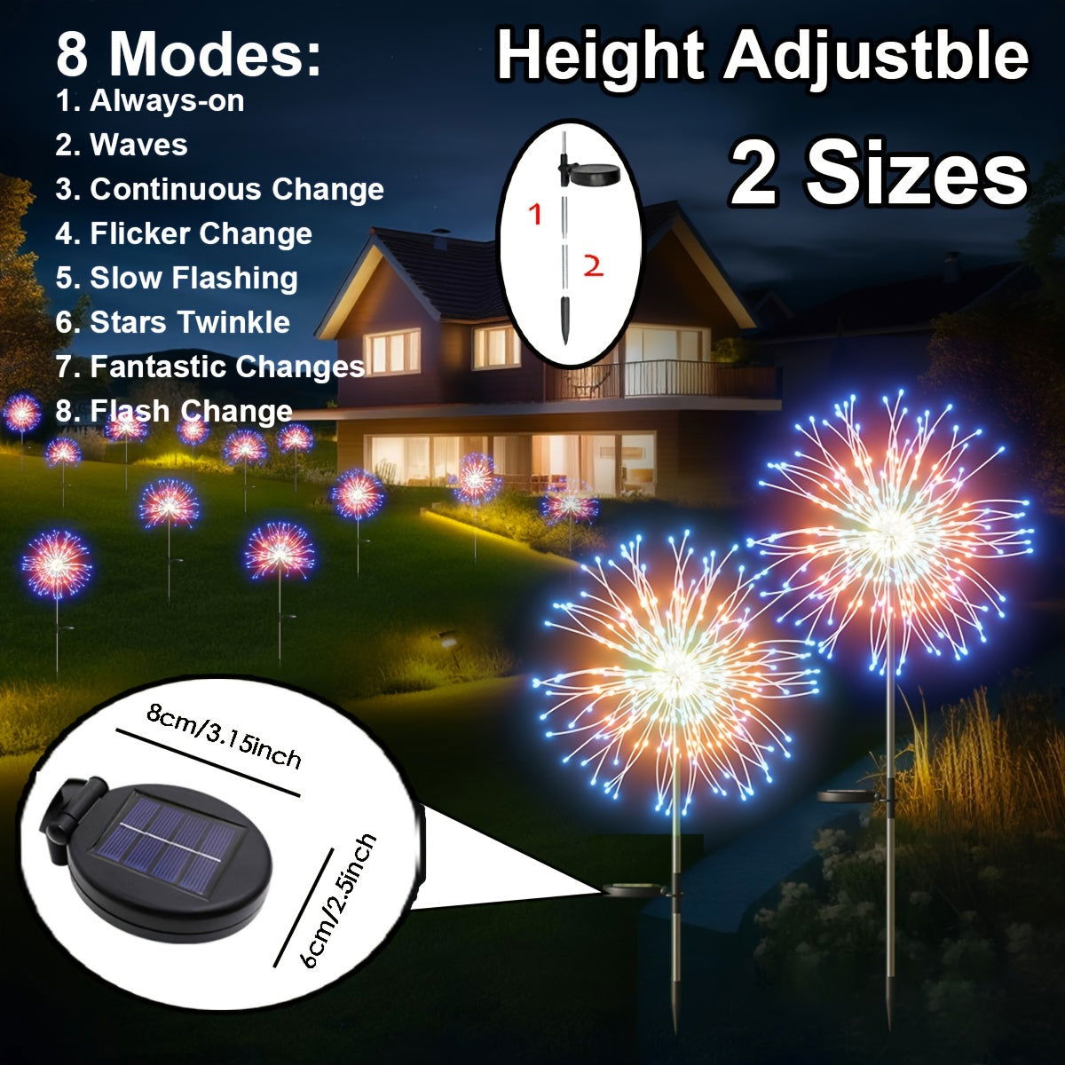 1-Pack Solar Firework Lights, 200/150/90/60 LEDs, 8 Modes - Hiccupzz