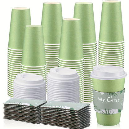 100- Pack 16 Oz Sage Green Disposable Coffee Cups with Lids & Sleeves - Bulk Paper Cups for Hot Drinks - Hiccupzz