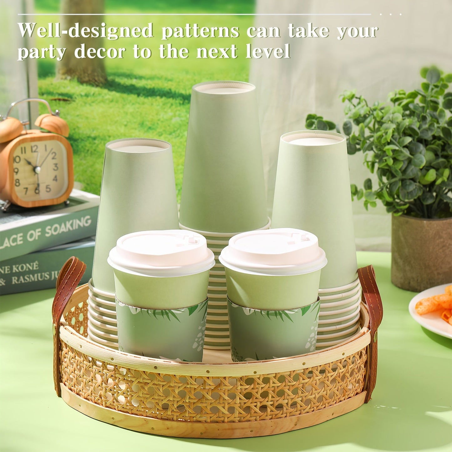 100- Pack 16 Oz Sage Green Disposable Coffee Cups with Lids & Sleeves - Bulk Paper Cups for Hot Drinks - Hiccupzz