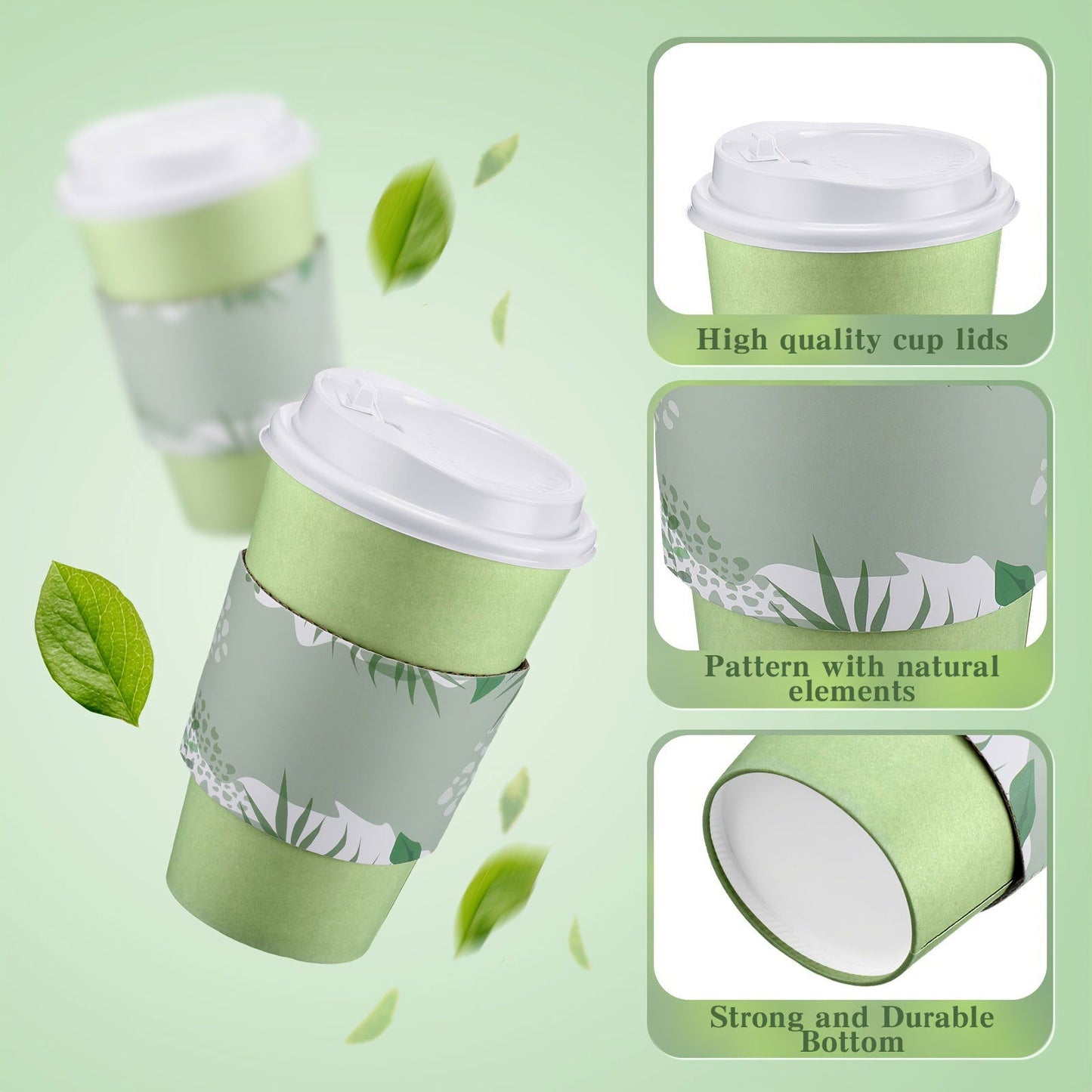 100- Pack 16 Oz Sage Green Disposable Coffee Cups with Lids & Sleeves - Bulk Paper Cups for Hot Drinks - Hiccupzz
