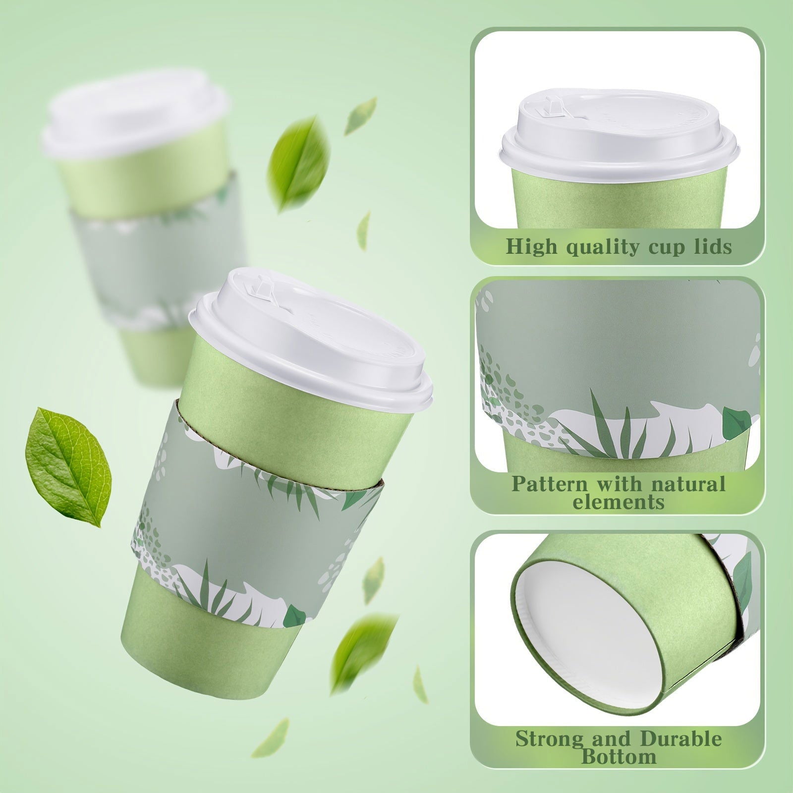 100- Pack 16 Oz Sage Green Disposable Coffee Cups with Lids & Sleeves - Bulk Paper Cups for Hot Drinks - Hiccupzz
