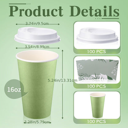 100- Pack 16 Oz Sage Green Disposable Coffee Cups with Lids & Sleeves - Bulk Paper Cups for Hot Drinks - Hiccupzz