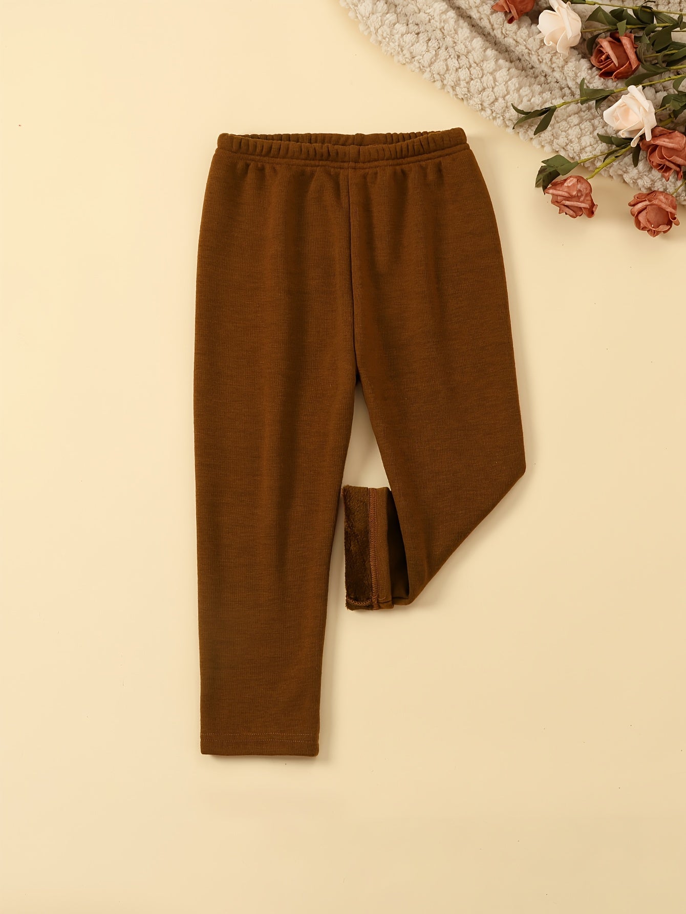 6 Pcs Girls Warm & Thermal & Versatile Solid Colored Fleece Lined Trousers Set For Fall & Winter