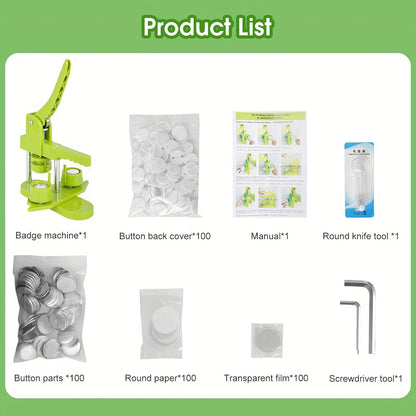 100 Pcs DIY Button Maker Machine with Parts – Badge Punch Press, Options for 25mm, 32mm, 58mm, Includes Circle Cutter and Magic Book - Hiccupzz