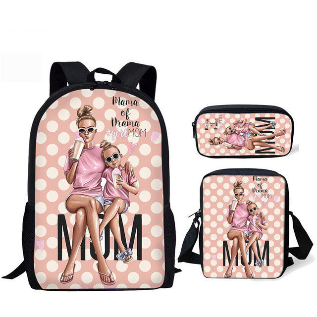 Three-piece printed student backpack diagonal bag