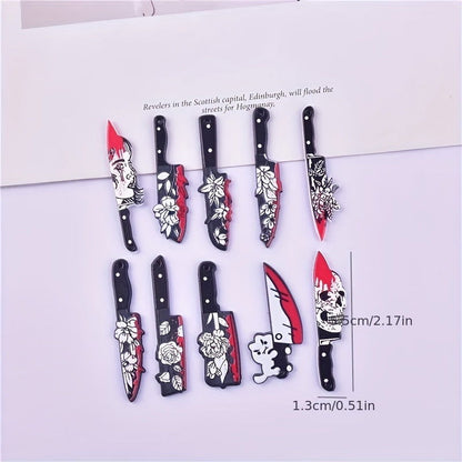 10 Pcs Bloody Knife Pendants - Acrylic Knife Shape with Skull & Rose, Gothic Style DIY Jewelry for Earrings & Necklaces, Craft Accessories - Hiccupzz