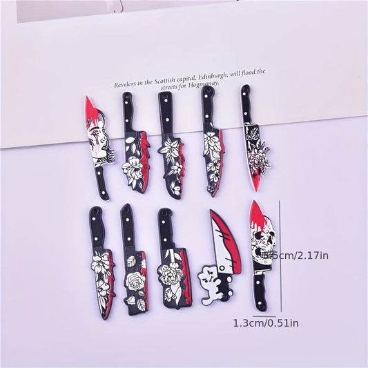 10 Pcs Bloody Knife Pendants - Acrylic Knife Shape with Skull & Rose, Gothic Style DIY Jewelry for Earrings & Necklaces, Craft Accessories - Hiccupzz