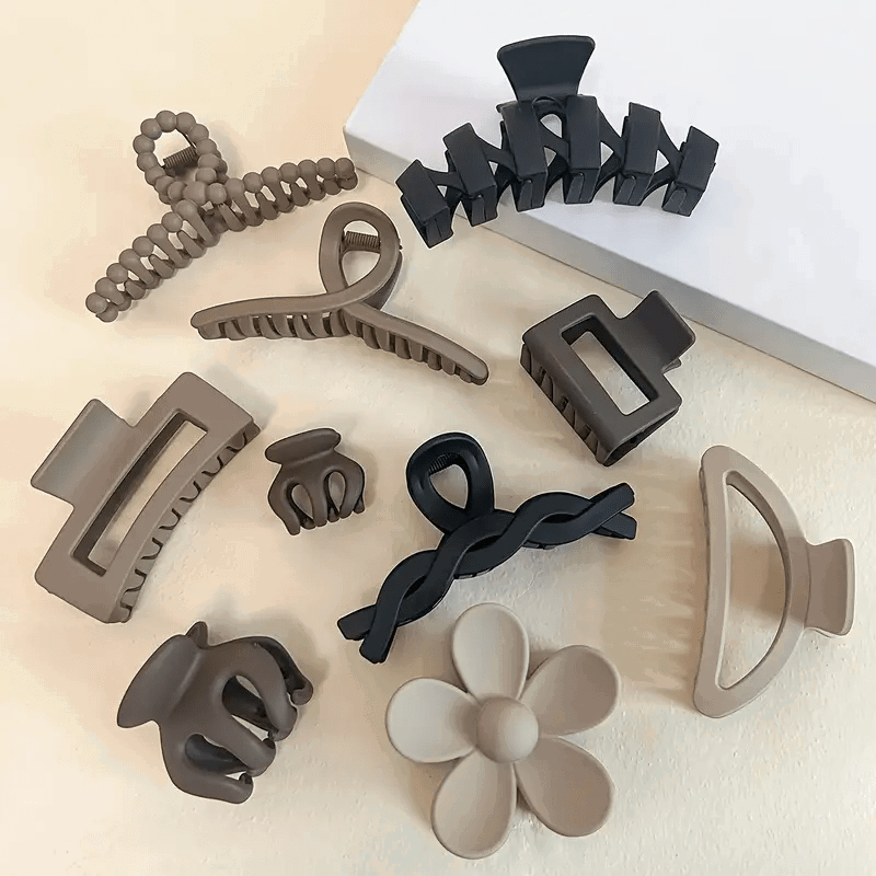 10 Pcs, Geometric Flower Hair Accessories Set: Elegant Multi-Colored Frosted Hollow Claw Clips for Women's Everyday Styling - Hiccupzz