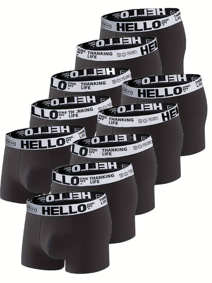 10 Pcs Men's Solid Color Underwear, Casual Elastic Boxer Briefs Shorts, Breathable Comfy Stretchy Boxer Trunks, Sports Shorts - Hiccupzz