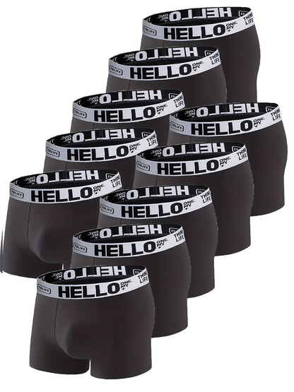 10 Pcs Men's Solid Color Underwear, Casual Elastic Boxer Briefs Shorts, Breathable Comfy Stretchy Boxer Trunks, Sports Shorts - Hiccupzz