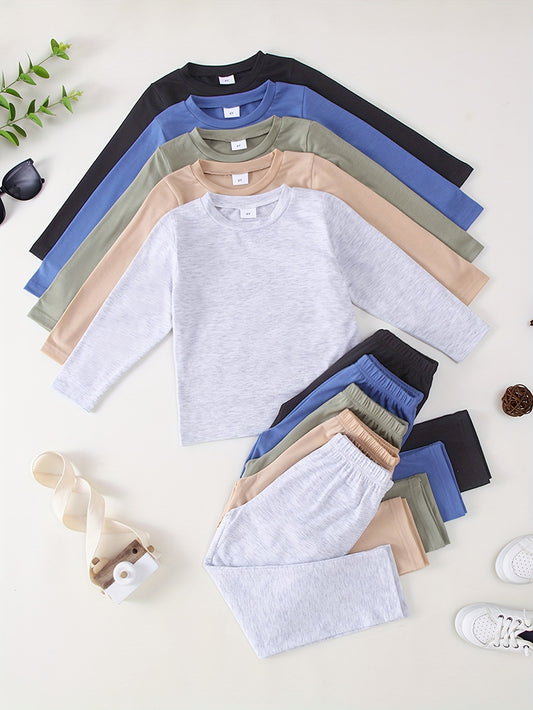 10-Pack of Boys' Plain Color Casual Thin, Soft, and Comfortable Knitted Long Sleeve T-Shirt and Pants Set – Ideal for Outdoors