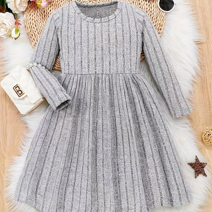 Girls Solid Color Dress, Simple Versatile, Round Neck, Long Sleeve - Hiccupzz
