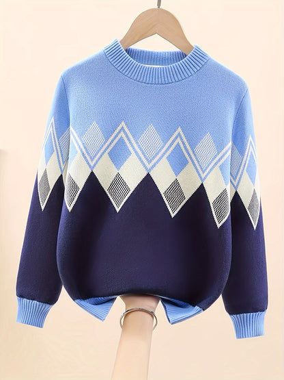 Boys Jacquard Sweater, Warm, Stretchy, Round Neck, Long Sleeve - Hiccupzz