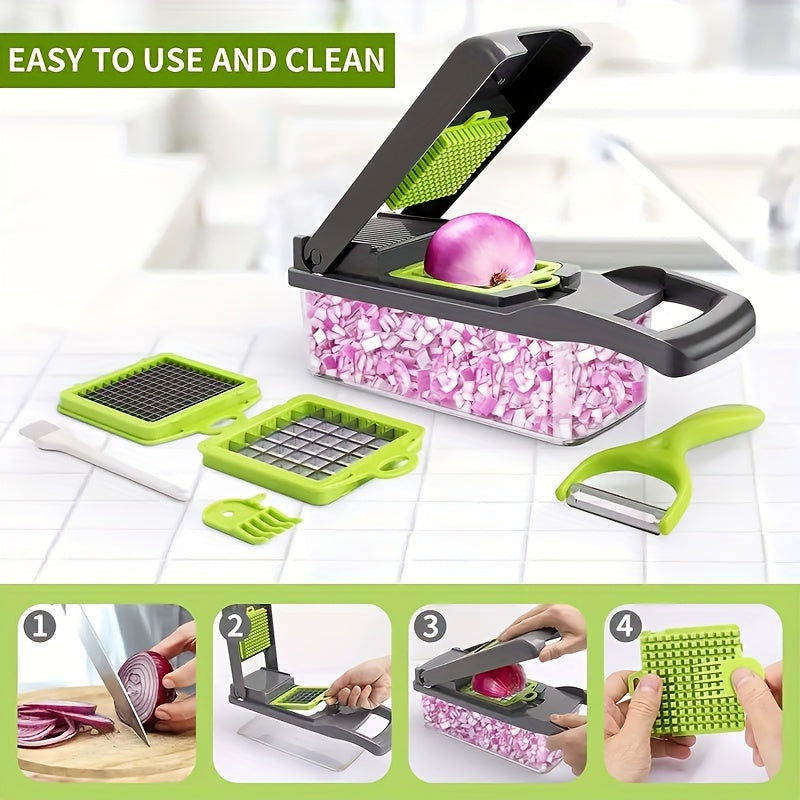 12/16 Pcs Multifunctional Vegetable Chopper Set – Slicer, Grater, Mincer with Container and Interchangeable Blades - Hiccupzz