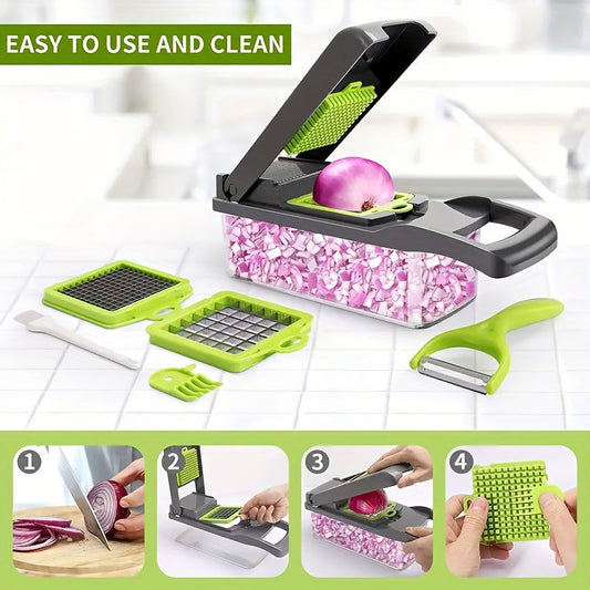 12/16 Pcs Multifunctional Vegetable Chopper Set – Slicer, Grater, Mincer with Container and Interchangeable Blades - Hiccupzz