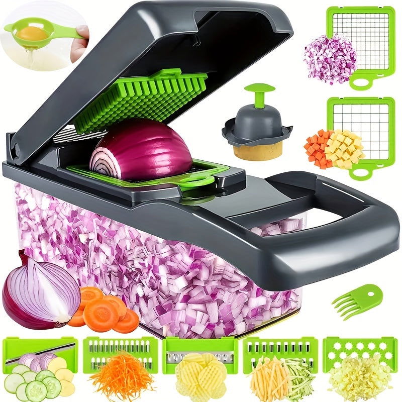 12/16 Pcs Multifunctional Vegetable Chopper Set – Slicer, Grater, Mincer with Container and Interchangeable Blades - Hiccupzz