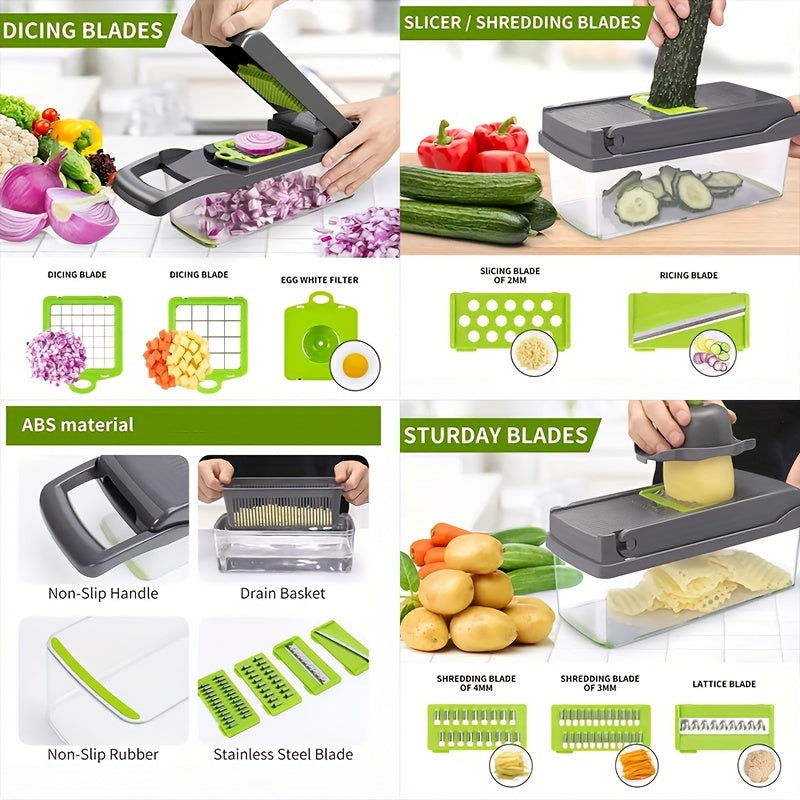 12/16 Pcs Multifunctional Vegetable Chopper Set – Slicer, Grater, Mincer with Container and Interchangeable Blades - Hiccupzz