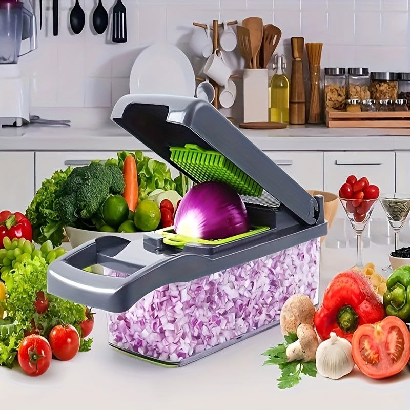 12/16 Pcs Multifunctional Vegetable Chopper Set – Slicer, Grater, Mincer with Container and Interchangeable Blades - Hiccupzz