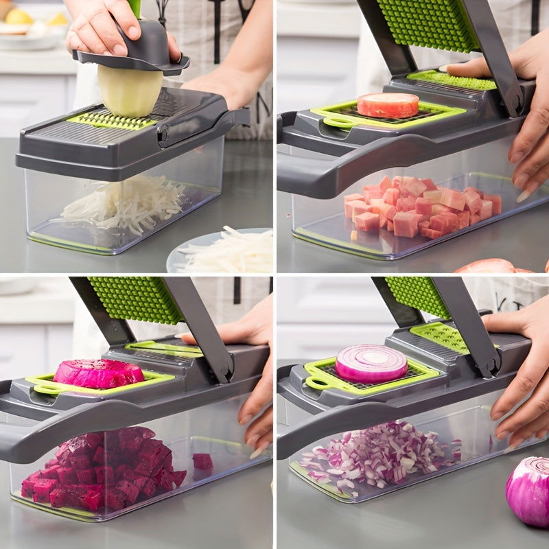 12/16 Pcs Multifunctional Vegetable Chopper Set – Slicer, Grater, Mincer with Container and Interchangeable Blades - Hiccupzz
