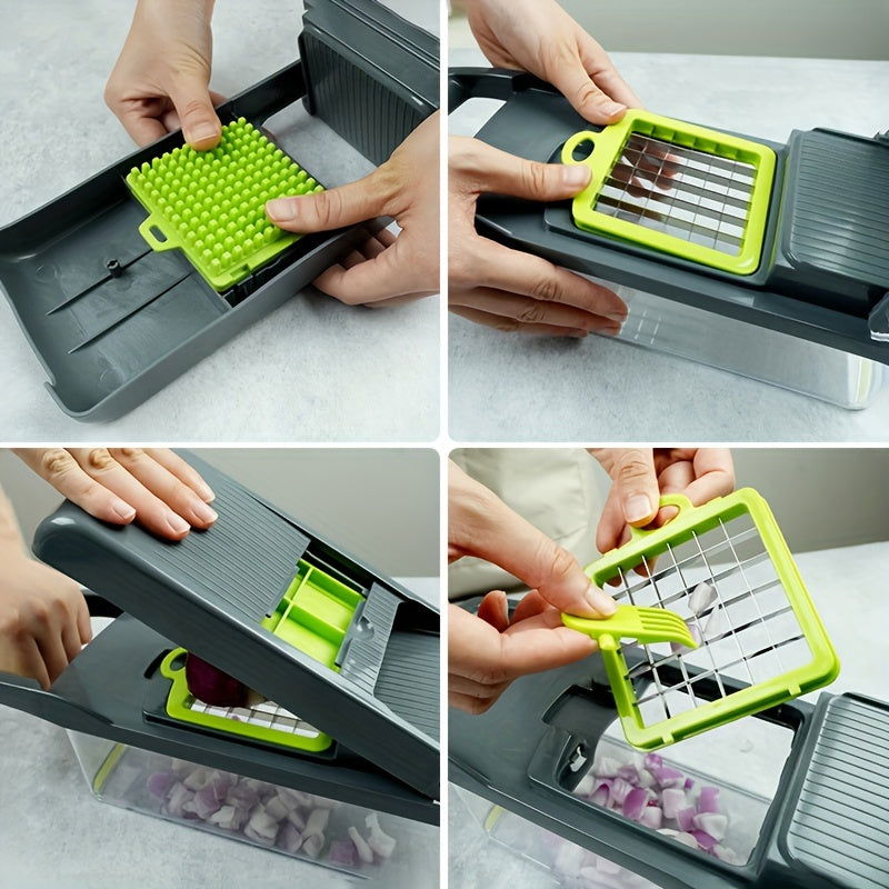12/16 Pcs Multifunctional Vegetable Chopper Set – Slicer, Grater, Mincer with Container and Interchangeable Blades - Hiccupzz
