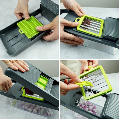 12/16 Pcs Multifunctional Vegetable Chopper Set – Slicer, Grater, Mincer with Container and Interchangeable Blades - Hiccupzz