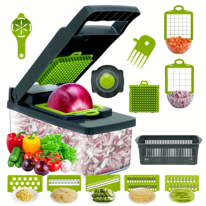 12/16 Pcs Multifunctional Vegetable Chopper Set – Slicer, Grater, Mincer with Container and Interchangeable Blades - Hiccupzz