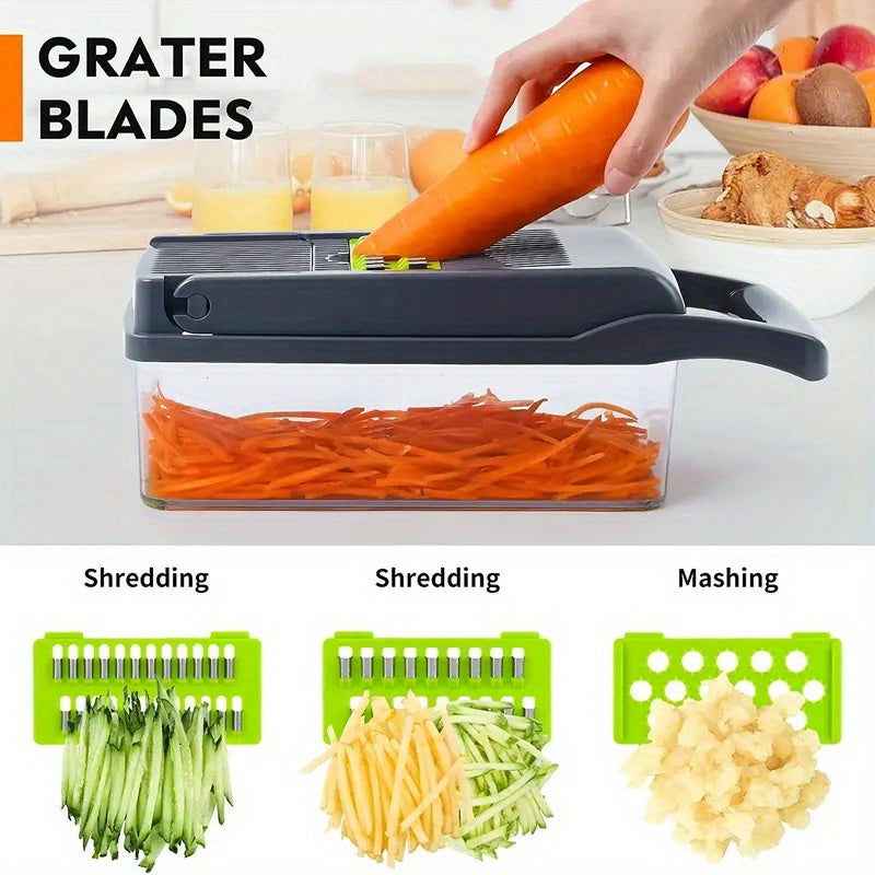12/16 Pcs Multifunctional Vegetable Chopper Set – Slicer, Grater, Mincer with Container and Interchangeable Blades - Hiccupzz
