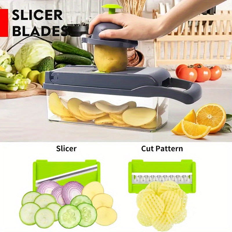 12/16 Pcs Multifunctional Vegetable Chopper Set – Slicer, Grater, Mincer with Container and Interchangeable Blades - Hiccupzz