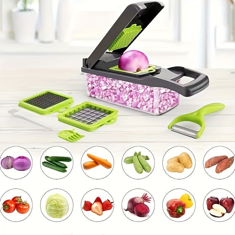 12/16 Pcs Multifunctional Vegetable Chopper Set – Slicer, Grater, Mincer with Container and Interchangeable Blades - Hiccupzz