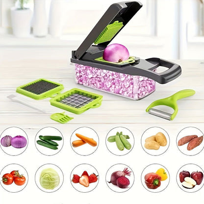 12/16 Pcs Multifunctional Vegetable Chopper Set – Slicer, Grater, Mincer with Container and Interchangeable Blades - Hiccupzz