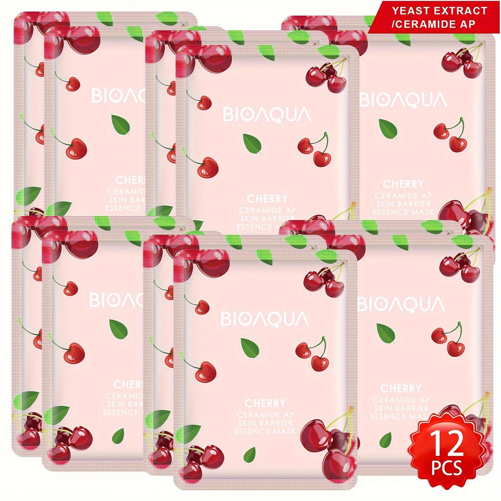 12-Pcs Cherry Ceramide & Niacinamide Essence Face Masks, 25G - Moisturizing & Soothing Spa Facial Care For All Skin Types, Alcohol-Free With Hyaluronic Acid - Hiccupzz