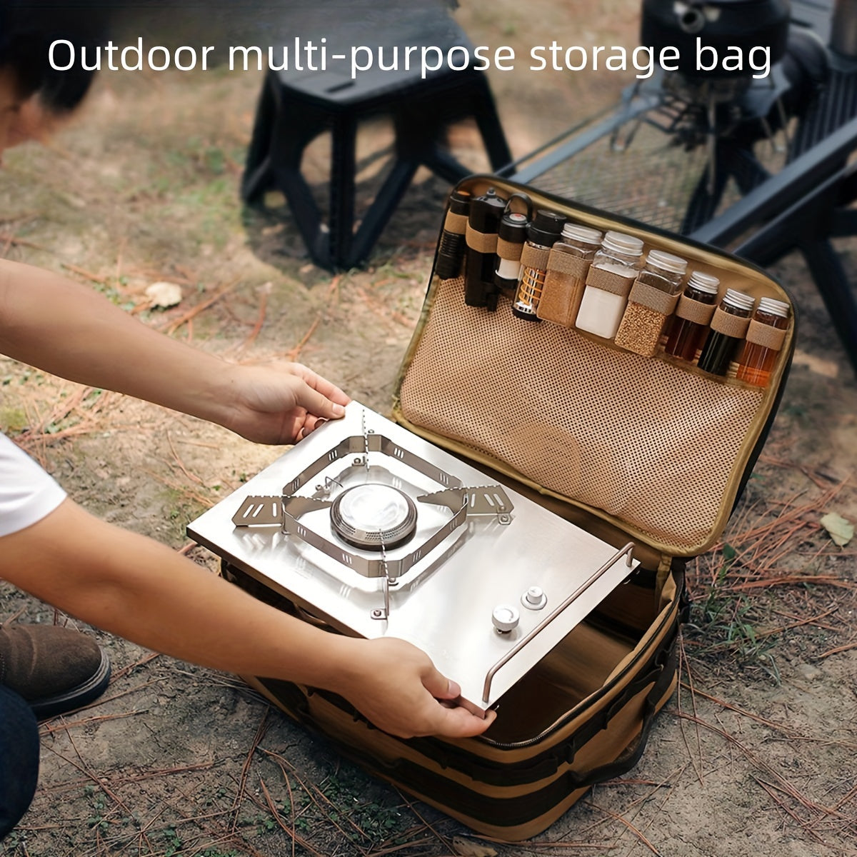 15L Large Capacity Outdoor Cooking Utensils Storage Bag with Picnic Pot & Gas Canister Holder