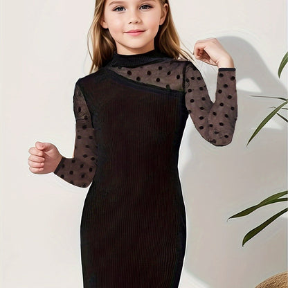 Elegant Girls Splicing Mesh Dress, Long Sleeve, Party & Performance - Hiccupzz