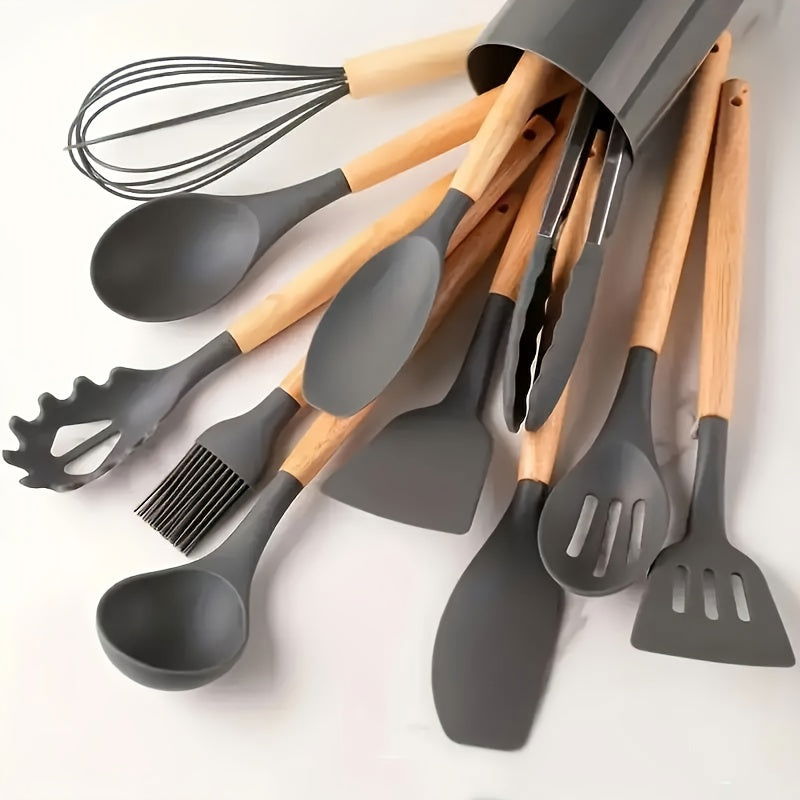 12 Pcs Non-Stick Silicone Kitchen Utensil Set with Wooden Handles - Safe, Easy to Clean, Ideal for Cooking and Baking - Hiccupzz