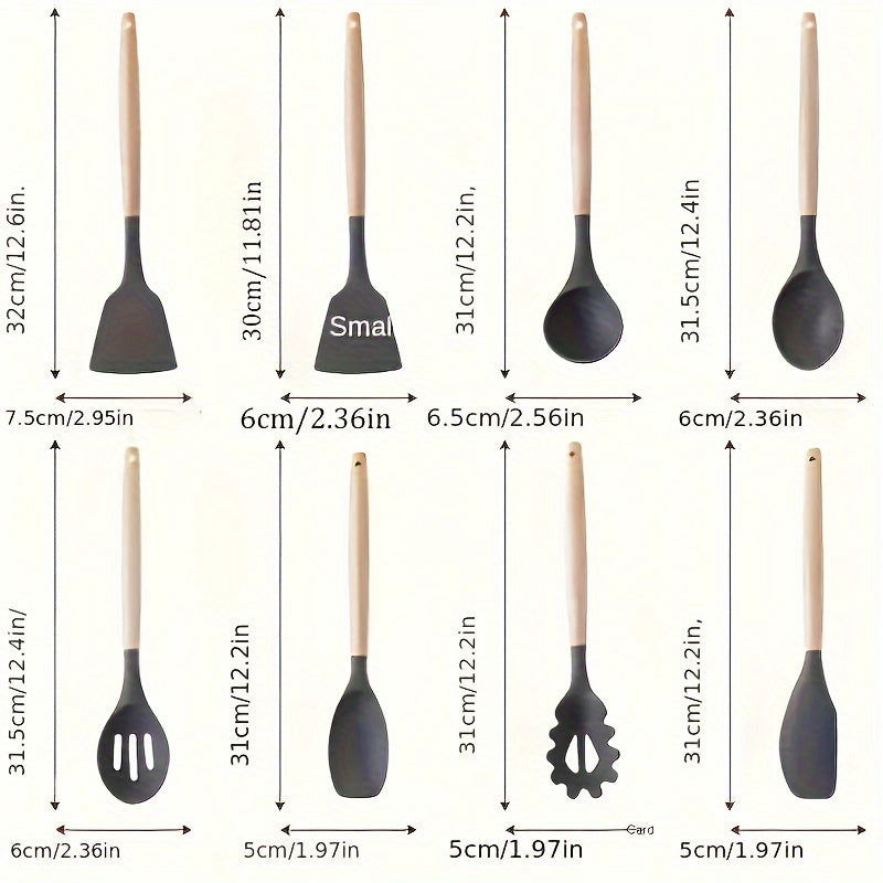 12 Pcs Non-Stick Silicone Kitchen Utensil Set with Wooden Handles - Safe, Easy to Clean, Ideal for Cooking and Baking - Hiccupzz
