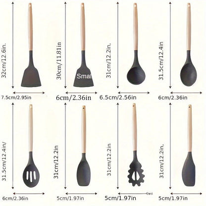 12 Pcs Non-Stick Silicone Kitchen Utensil Set with Wooden Handles - Safe, Easy to Clean, Ideal for Cooking and Baking - Hiccupzz
