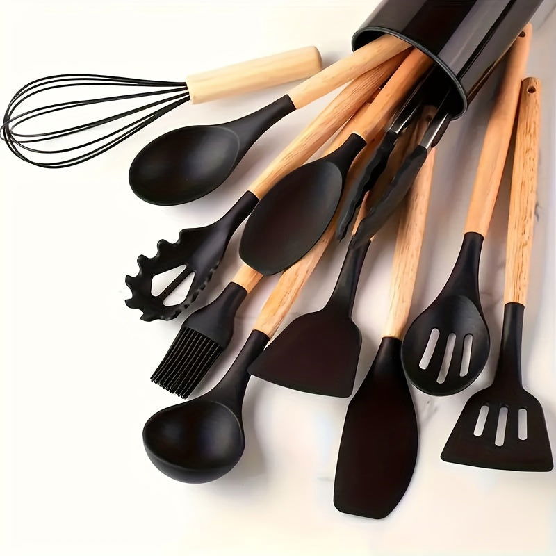 12 Pcs Non-Stick Silicone Kitchen Utensil Set with Wooden Handles - Safe, Easy to Clean, Ideal for Cooking and Baking - Hiccupzz