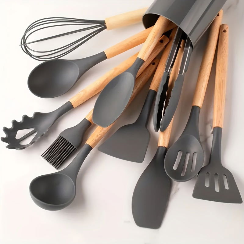 12 Pcs Non-Stick Silicone Kitchen Utensil Set with Wooden Handles - Safe, Easy to Clean, Ideal for Cooking and Baking - Hiccupzz