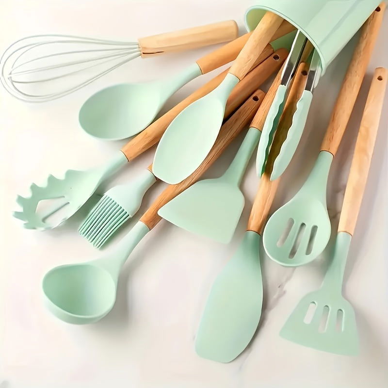 12 Pcs Non-Stick Silicone Kitchen Utensil Set with Wooden Handles - Safe, Easy to Clean, Ideal for Cooking and Baking - Hiccupzz