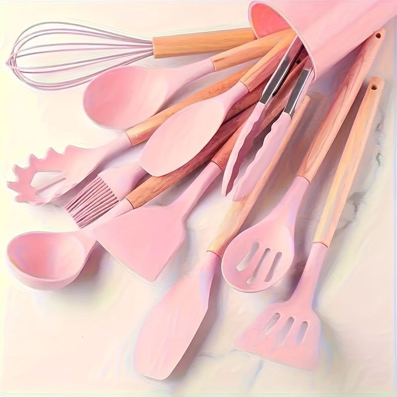 12 Pcs Non-Stick Silicone Kitchen Utensil Set with Wooden Handles - Safe, Easy to Clean, Ideal for Cooking and Baking - Hiccupzz